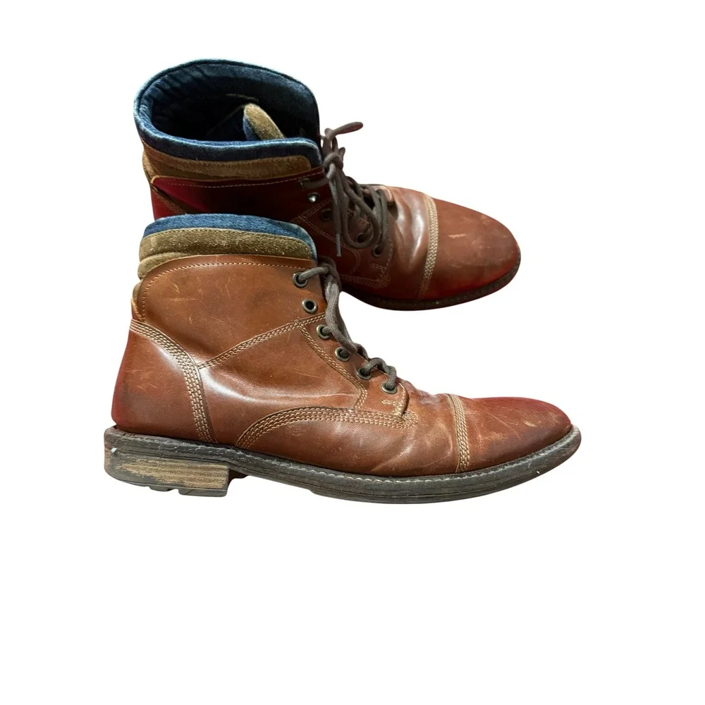 Fortini Mens Brown Leather Cap Toe Combat Boots Laceup Ankle Lug Sole Distressed